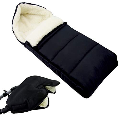 BAMBINIWELT KOMBI-ANGEBOT Muff + Winterfußsack 108cm - aus Lammwolle für Kinderwagen, Buggy, Radanhänger - WOLLE - LINIERT - SCHWARZ