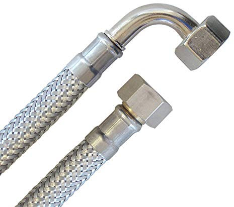 Panzerschlauch 3/8ÜM x 3/8ÜM mit Bogen, Trinkwasserzulassung, DN08, Edelstahl, Länge 30 cm, Made in Germany