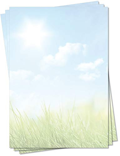 Motiv Briefpapier (Natur-5126, DIN A4, 100 Blatt) grüne Wiese Gras blauer sonniger Himmel mit Weißen Wolken Motivpapier