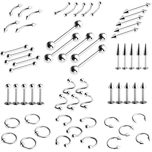 PiercingJak Multi Piercing Set 60pcs 316L Surgical Steel Body Piercing Stud Barbell for Tongue Nose Ear Lip Nipples Eyebrows Helix Tragus Cartilage Ring Rings Multi-purpose Silver Unisex Punk