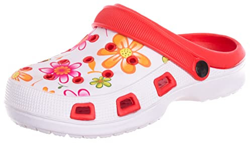 Brandsseller Sabots Femmes Chaussure de Jardin Pantoufle Plage Sandales Motif de Fleurs - Rouge/Blanc - 41 EU
