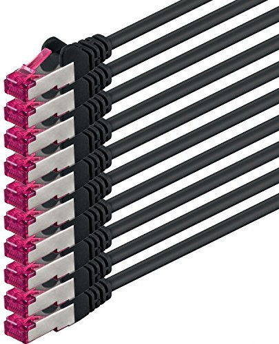 10m - negro - 10 piezas - CAT6a CAT 6a Ethernet LAN cable de red - SET 10 GB/s cable patch CAT6 S-FTP Doble blindado PIMF 500MHz libre de halógenos compatible con CAT5 CAT6a CAT7 CAT8