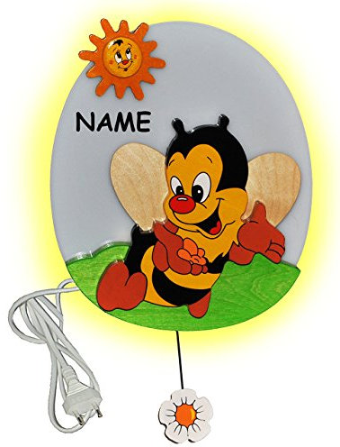 alles-meine.de GmbH hochwertige Wandlampe aus Holz - Biene mit Blume incl. Name - 28 cm hoch - für Kinder Kinderzimmer - Wandleuchte - Lampe Tiere - Tier Bienen Honig - Mädchen J..
