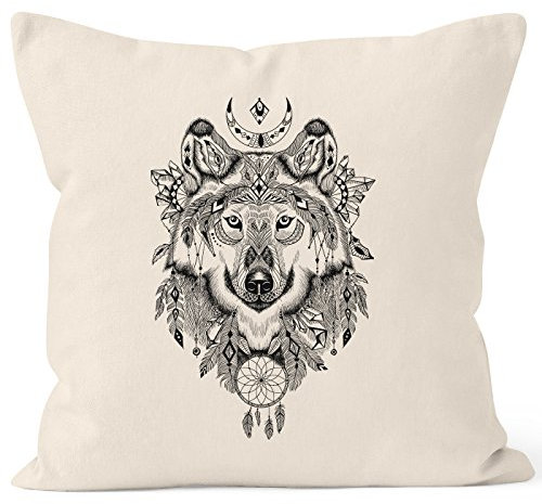 Autiga Kissenbezug Wolf Traumfänger Atzekenmuster Boho Bohamian Atzec Ethno Kissen-Hülle 40x40 Baumwolle Natur 40cm x 40cm