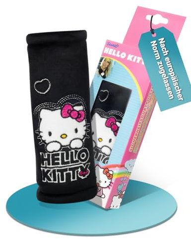 HiTS4KiDS – Gurtpolster Auto für Kinder – Schulterpolster passend für Sicherheitsgurt & Rucksack – Gurtschutz für mehr Komfort auf der Reise – Gurtschoner für Mädchen (Hello Kitty | Schwarz | 20cm)