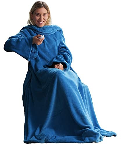 CelinaTex TV-Decke mit Ärmeln und Fußtasche Flauschige Kuscheldecke XL 170 x 200 cm blau Mikrofaser Fleece Soft Oeko-TEX