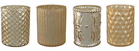 Unbekannt Glas- TEELICHT mit DEKOR ca 10 cm. 4 STÜCK. Teelichtglas teilw. verspiegelt. Gold -39