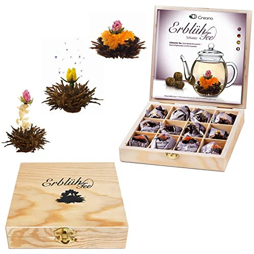 Mix de fleurs de thé noir de Creano - Cadeau dans le thé boîte en bois – 12 thés fleuris en (3 sortes différentes de roses de thé), Floraison