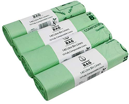 140 Litre x 40 bags Compost Bag Compostable Wheelie Bin Liner - Biodegradeable Sacks/Liners - EN 13432 - Compostable 140L Bags with Composting Guide