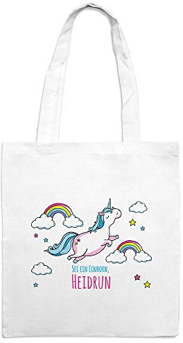 printplanet Jutebeutel mit Namen Heidrun - Motiv Dickes Einhorn - Farbe weiß - Stoffbeutel, Jutesack, Hipster, Beutel