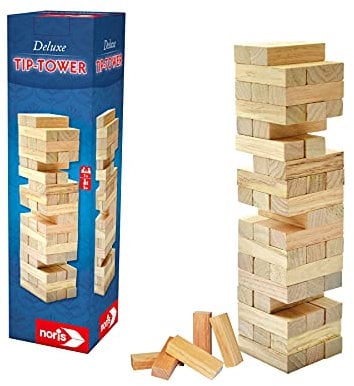 Noris 606101020 Deluxe Tip Tower (27,5 x 8 cm) aus Holz - spannender Wackelturm für Kinder ab 5 Jahren, Geschicklichkeitsspiel für die ganze Familie