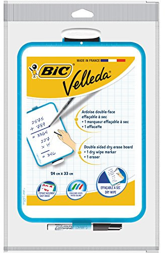BIC Velleda Ardoise Double Face (20 x 30 cm) et Feutre Bleu Effaçable à Sec et Effacette - Lot de 1