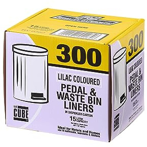 LE CUBE - 300 Pack Pedal Bin Liners 15 Litre - Unscented Lilac Plastic Bin Bags, Dispenser Box, Small Bin Liners For Bathroom, Bedroom, Office, Pedal Bins, 106cm Rim x 45cm Depth
