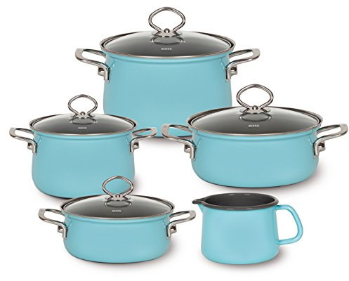 Riess, 0584-037, Familienset 5-TLG. NOUVELLE KRISTALLBLAU, bestehend aus Fleischtopf mit Glasdeckel (16 und 20 cm), Kasserolle mit Glasdeckel (16 und 20 cm), Schnabeltopf 12 cm, Emaille, blau