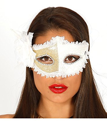 Guirca 12723 Deluxe Domino Maske mit Rose und Glitzer, Weiß/Gold, Taglia unica