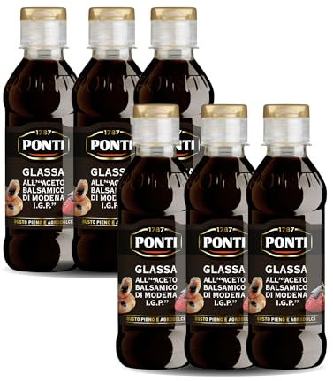 Ponti, Glassa all'Aceto Balsamico di Modena I.G.P., Ideale per Tutte le Ricette, Gusto Pieno ed Agrodolce dall'Acidità Moderata, 100% Made in Italy, Set da 6 bottiglie da 250 g