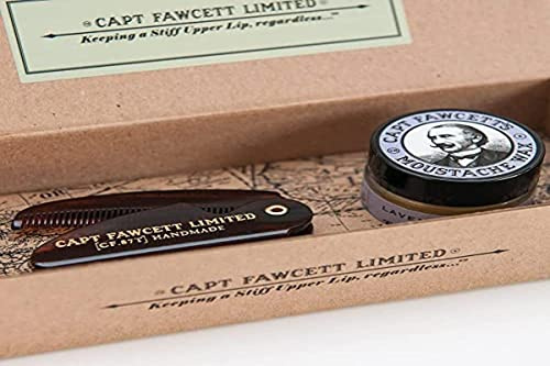 Captain Fawcett's Schnurrbartwachs (Ylang Ylang Duft) & faltbarer Taschen-Schnurrbartkamm (CF.87T) Geschenkset – hergestellt in England