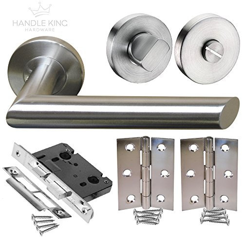 Bathroom Door Handle Packs with Brushed Steel Mitred Designer Handles, Lock, Turn and Hinges H730014S HB1
