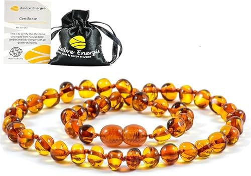 Collier Ambre 33cm. - 100% Plus Haute Qualité Certifié l'Ambre la Baltique Authentique unisex Collier Perles de Plus Gros!! / Garantie de Remboursement! (Cognac)