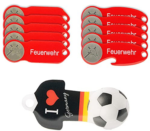 Einkaufswagenlöser Feuerwehr inkl. Fußball Trikot/Schlüsselanhänger Einkaufschip mit Schlüsselfundservice/Abziehbarer Einkaufswagenchip Metall, Chip Einkaufswagen, Key Finder / 11 Stück