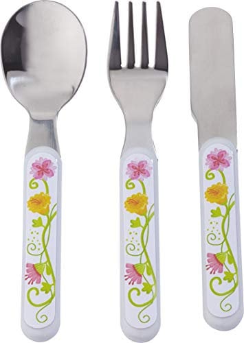 HABA 300385 - Besteck Vicki & Pirli, Kinderbesteck aus Edelstahl mit Blumenmotiven, Set aus Gabel, Messer und Löffel, spülmaschinengeeignet