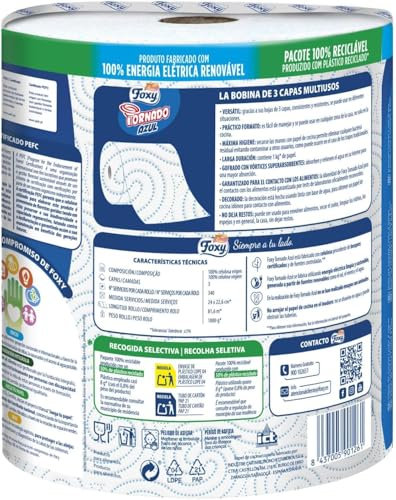Foxy Tornado Azul Papel Multiusos, 1 Kg de papel(cada una), 340 servicios por cada rollo, Certificación PEFC,Paquete reciclable producido con plástico reciclado - 1 unidad