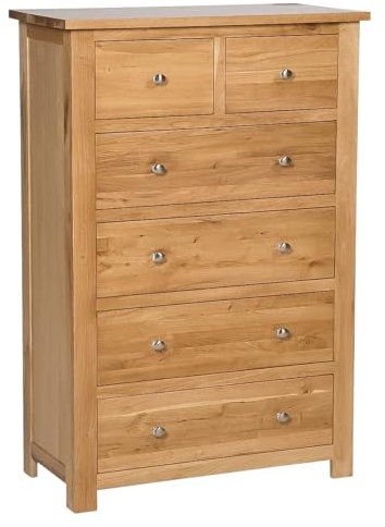 Hallowood Furniture Waverly Solid Oak Chest of 6 Drawers, 2 over 4 Wooden Drawers Chest in Light Oak, Storage Bedroom Chest of Drawers, Storage Chest for Living Room & Hallway