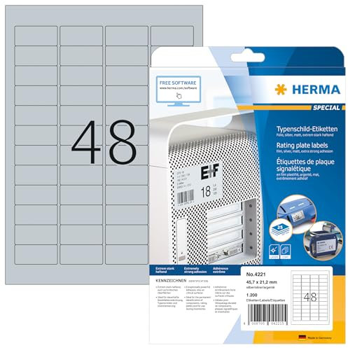 HERMA 4221 Typenschild Folien-Etiketten silber, 25 Blatt, 45,7 x 21,2 mm, 48 pro A4 Bogen, 1200 Stück, selbstklebend, bedruckbar, wetterfest, blanko Klebeetiketten Aufkleber aus Folie