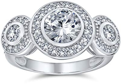 Art Deco Vintage-Stil Milgrain Rand Halo Aaa Kubischer Zirkon Vergangenheit Gegenwart Zukunft Drei Stein Kreis Runde Solitär Verlobungsring Rosengold Plattiert .925 Sterling Silber Anpassbar