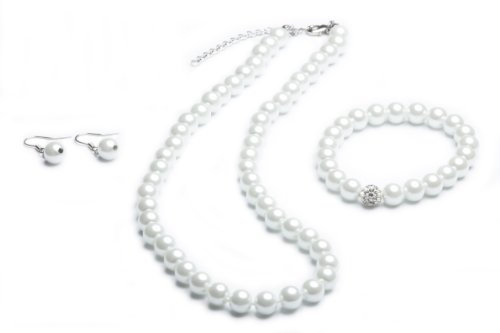 FlexiStore Perlenkette geknotet - Perlenarmband - Perlenohrringe - Set Weiss