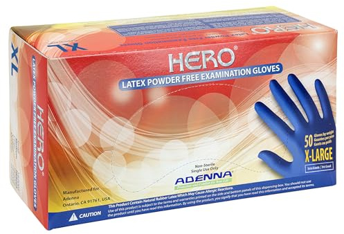 Adenna HERO Disposable Latex Gloves - 14 Mil, NFPA-Approved Heavy Duty Glove with 12 Extended Cuff & Micro-Textured Grip, Exam Grade, Powder Free, Pack of 50, X-Large, Blue