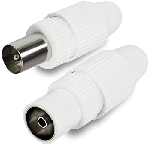 Com-Four® Juego de HQ: Conector Macho Coaxial + Conector Hembra Coaxial, Cabezal para Cable de Antena de TV - Enchufe Blanco (Conjunto: Enchufe + Socket)