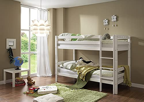 TiCAA Etagenbett, Kinderbett, Stockbett Funktionsbett für Kinder mit Treppe & Zwei Liegeflächen teilbar aus Buche Massivholz weiß Bettgestell 90 x 200