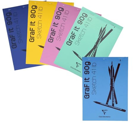 Clairefontaine 96623C Skizzenblock Graf it, DIN A4, 21x29,7 cm, 80 Blatt, 90g, 80 Blatt, blanko, geheftet, ideal für Trockentechiken, 1 Stück, farbig sortiert