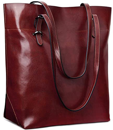 S-ZONE Damen Echtleder Tasche Shopper Groß Tote Handtasche Henkeltasche (C-wine Rot)