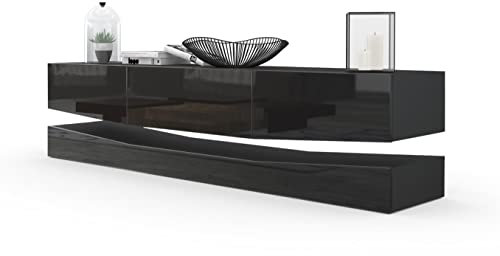 Vladon Lowboard City, Made in Germany, TV-Kommode mit Sockelelement, 1 offenem Fach und 3 Schubkästen, Schwarz matt/Schwarz Hochglanz (178 x variabel x 39 cm)