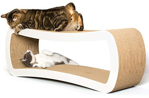 PetFusion Jumbo Cat Scratcher Lounge, White. 39 x 11 x 14 inch 4 Cardboard Scratching Surfaces and 2 Levels, Scratch, Play, Perch, and Hide100% Recyclable Cardboard Cat Lounge