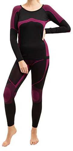 Gomati Damen Thermo Unterwäsche Set Seamless Funktionswäsche schnelltrocknend - Pink L-XL