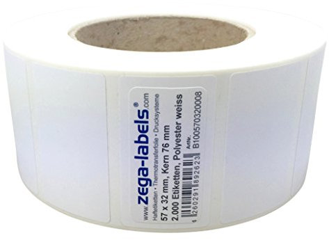 Polyester Thermotransfer Etiketten auf Rolle 57 x 32 mm aus PET Polyesterfolie weiss stark haftend für Typenschilder - 2.000 Stück je Rolle - Kern 76 mm Druckverfahren: Thermotransfer (mit Farbband)