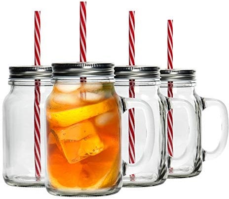 Rink Drink Drinking Mason Jars with Lids and Reusable Straw - Pack of 4-620ml Glass Drinking Jar Mugs with Handles and Screw Top for Overnight Oats, Smoothies, Cocktails, Drinks