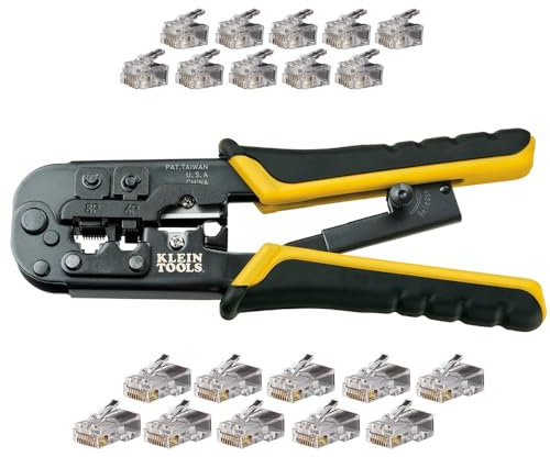 Klein Tools VDV226-817 - Kit de instalación modular, amarillo, acero de alto carbono, agarre ergonómico, incluye crimpadora/pelacables de trinquete, conectores RJ11/RJ45, conector CAT5e