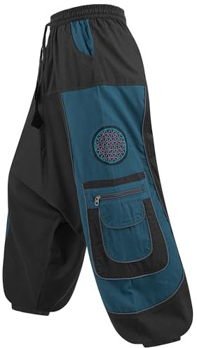 Kunst und Magie Flower of Life Hippie Haremshose Goahose Cargohose, Größe:L/XL, Farbe:Schwarz/Petrol