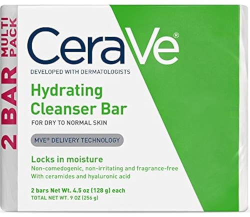 CeraVe Hydrating Cleanser Bar, Soap-Free Body and Facial Cleanser with 5% Moisturizing Cream, Fragrance-Free, 2-Pack, 4.5 Ounce Each