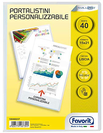 Favorit Portalistino Personalizzabile 40 Buste Lisce, 15 x 21 cm, Trasparente