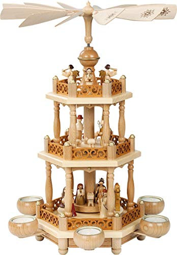 Richard Glässer Seiffen Weihnachtspyramide Christi Geburt, 2-stöckig, 46 cm Hoch, Natur, Original Erzgebirge