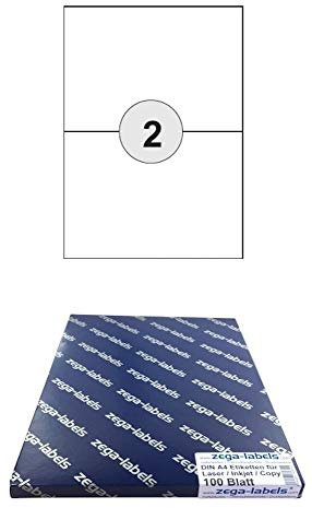 200 Etiketten 210 x 148 mm selbstklebend auf DIN A4 Bögen (1x2 Etiketten DIN A5) - 100 Blatt Pack - Universell für Laser/Inkjet/Kopierer einsetzbar - 210x148mm 2-teilig