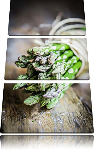 Pixxprint Frischer knackiger Spargel auf Holztisch, Leinwandbild 3 Teilig, Gesamtmaß: 120x80cm, Wandbild, Dekoration, fertig gespannt, Kein Poster