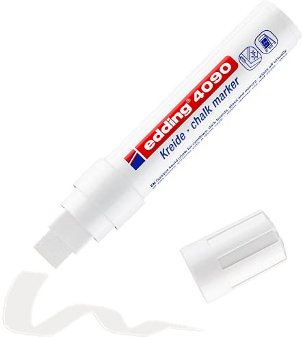 edding 4090 Kreidemarker - weiß - 1 Kreidestift - Keilspitze 4-15 mm - breiter Kreidestift für Tafel abwischbar - zum Beschriften von Fenster, Glas, Spiegel - Tafelstift mit deckenden Farben