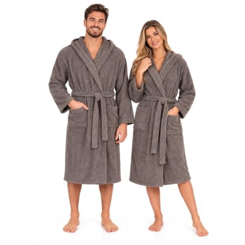 Adore Home Unisex 100% Cotton Hooded Terry Bathrobe | Cosy Absorbent Towelling Dressing Gown with Generous Hood, Secure Tie Waist and Roomy Pockets - Ideal for Everyday Comfort