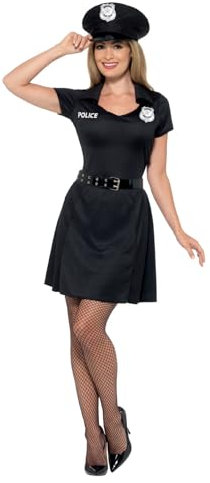 Smiffys Spezial Polizei Kostüm, Schwarz, mit Kleid, Hut & Gürtel